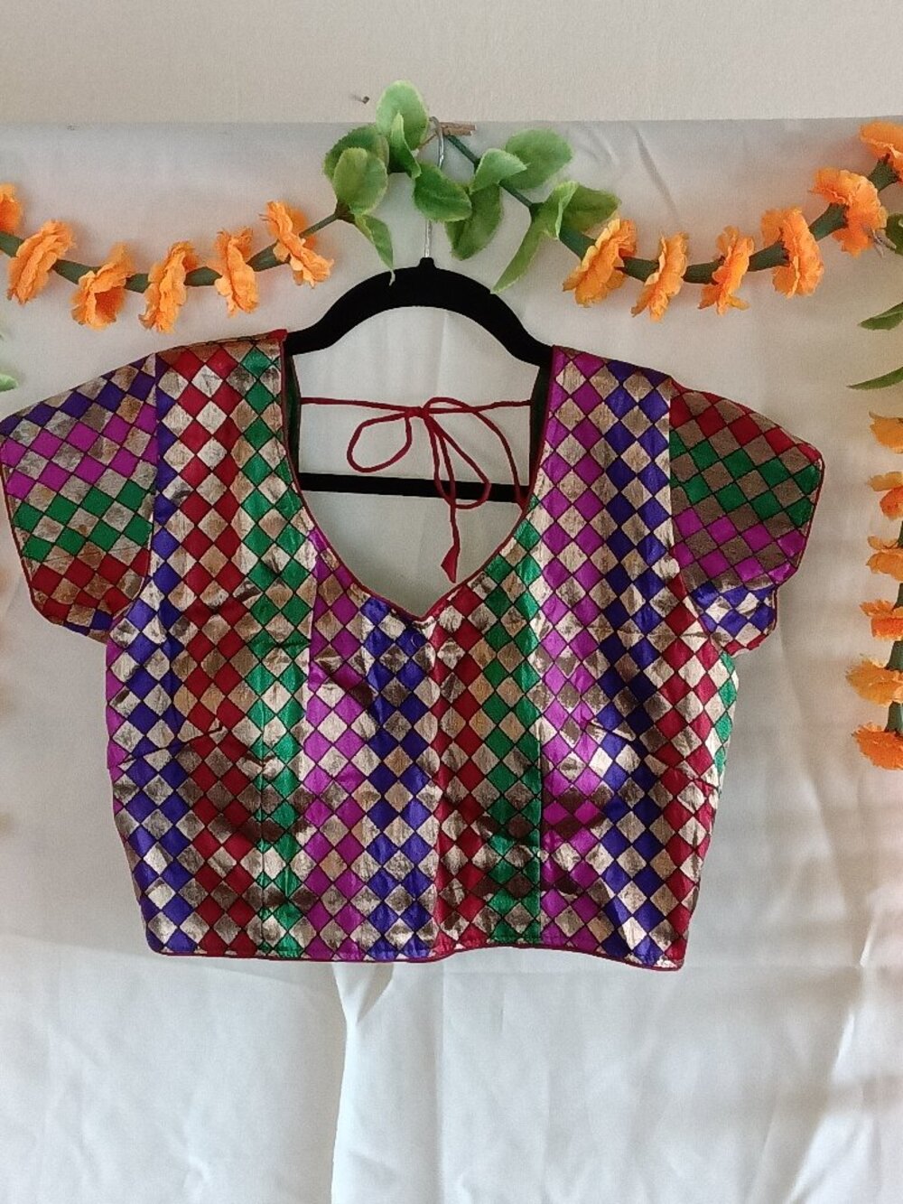 Unique Harlequin Cropped Blouse with Tie Neck - No Size Listed, Runs like M/L